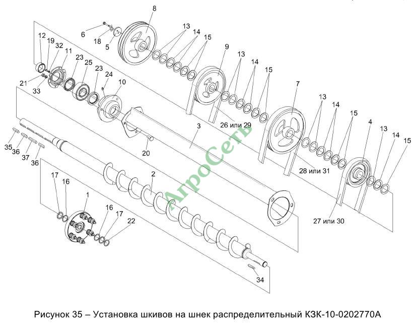 УСТАНОВКА ШКИВОВ НА ШНЕК РАСПРЕДЕЛИТЕЛЬНЫЙ КЗК-10-0202770А